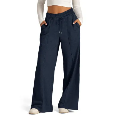 Women Casual Solid Color Wide Leg Drawstring Pants