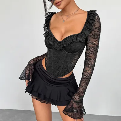 Women Sexy Floral Lace Steel Ring Long-Sleeve Corset Crop Top