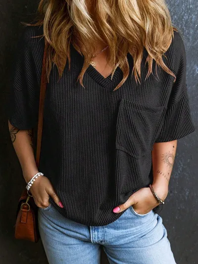 Women Casual Solid Color Threaded Pocket V-Neck Short-Sleeve T-Shirt