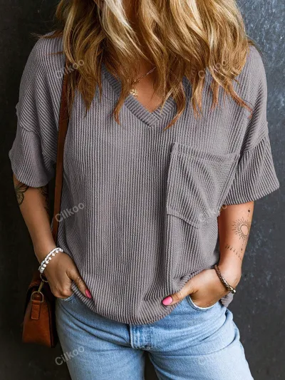 Women Casual Solid Color Threaded Pocket V-Neck Short-Sleeve T-Shirt