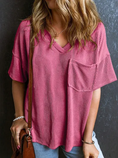 Women Casual Solid Color Threaded Pocket V-Neck Short-Sleeve T-Shirt