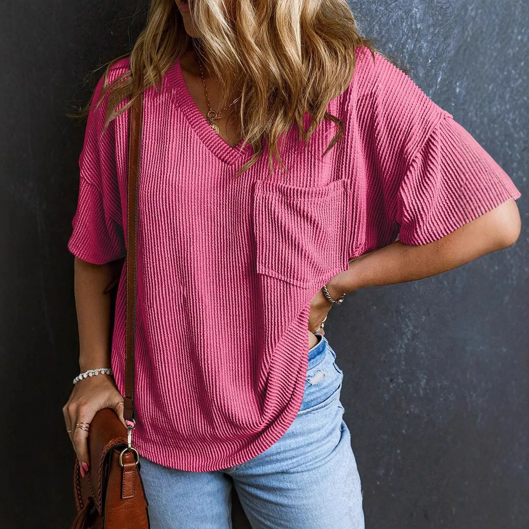 Women Casual Solid Color Threaded Pocket V-Neck Short-Sleeve T-Shirt