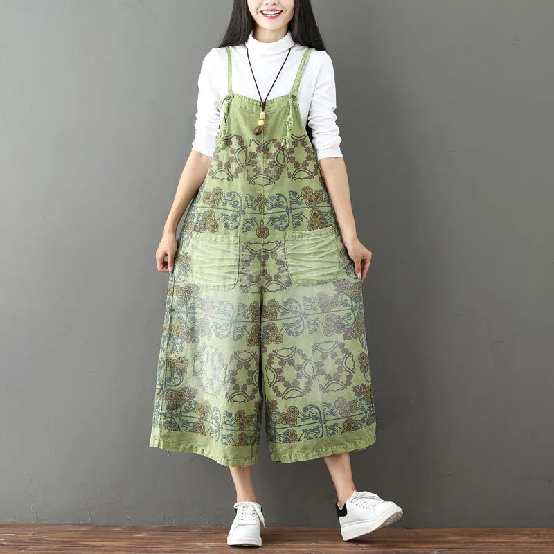 Women Casual Floral Printed Wide-Leg Denim Jumpsuit