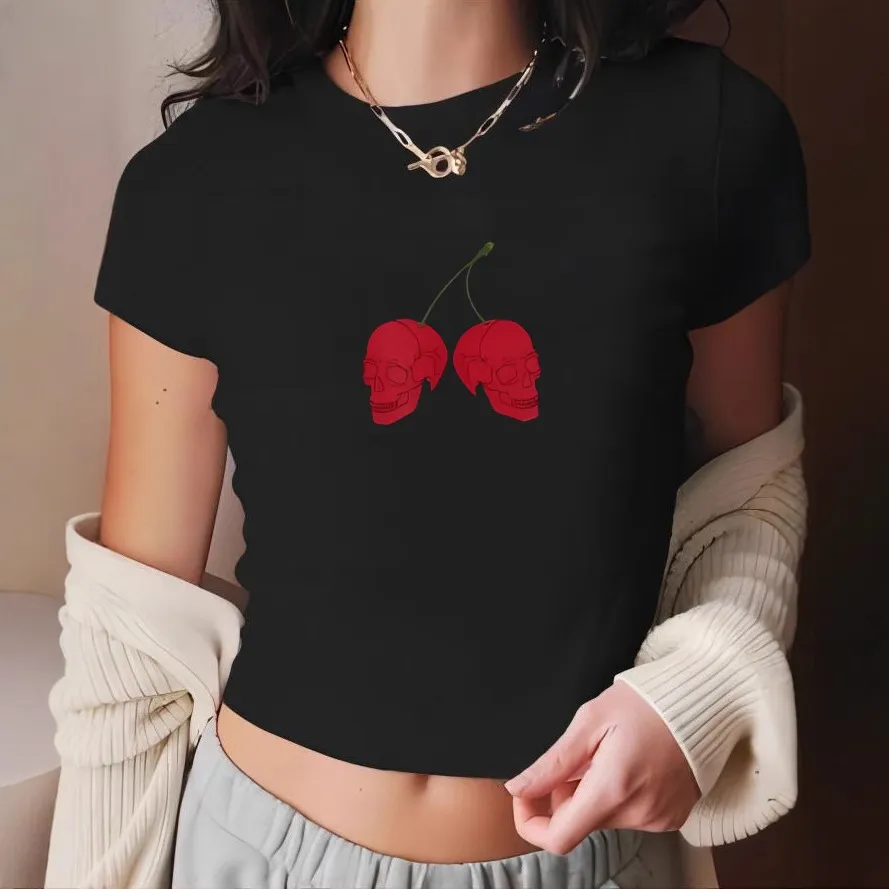 Y2K Street Skull Cherry Printed Short Sleeve Crop Top Tee