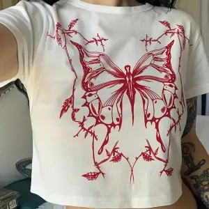 Women Gothic Y2K Butterfly Print Crop Top Tee