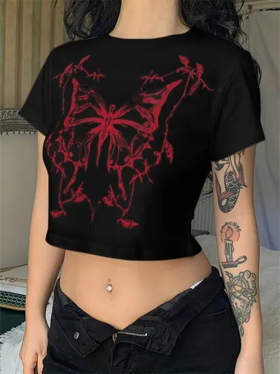 Women Gothic Y2K Butterfly Print Crop Top Tee
