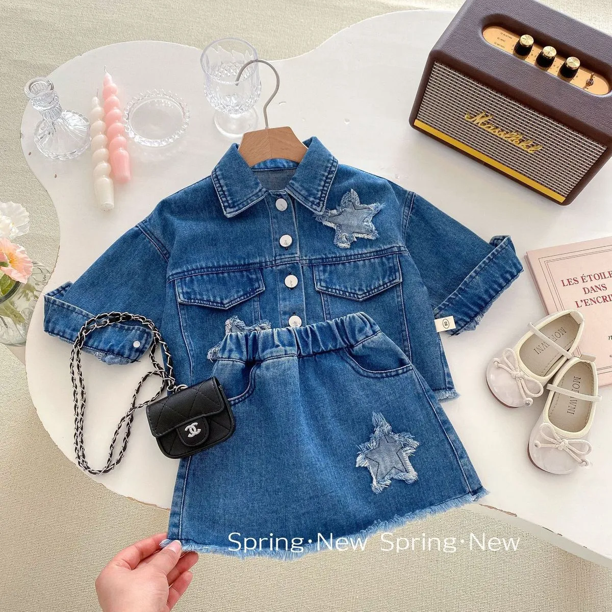Girl Fashion Five-Pointed Star Lapel Jacket Loose Skirt Denim Two-Piece Set