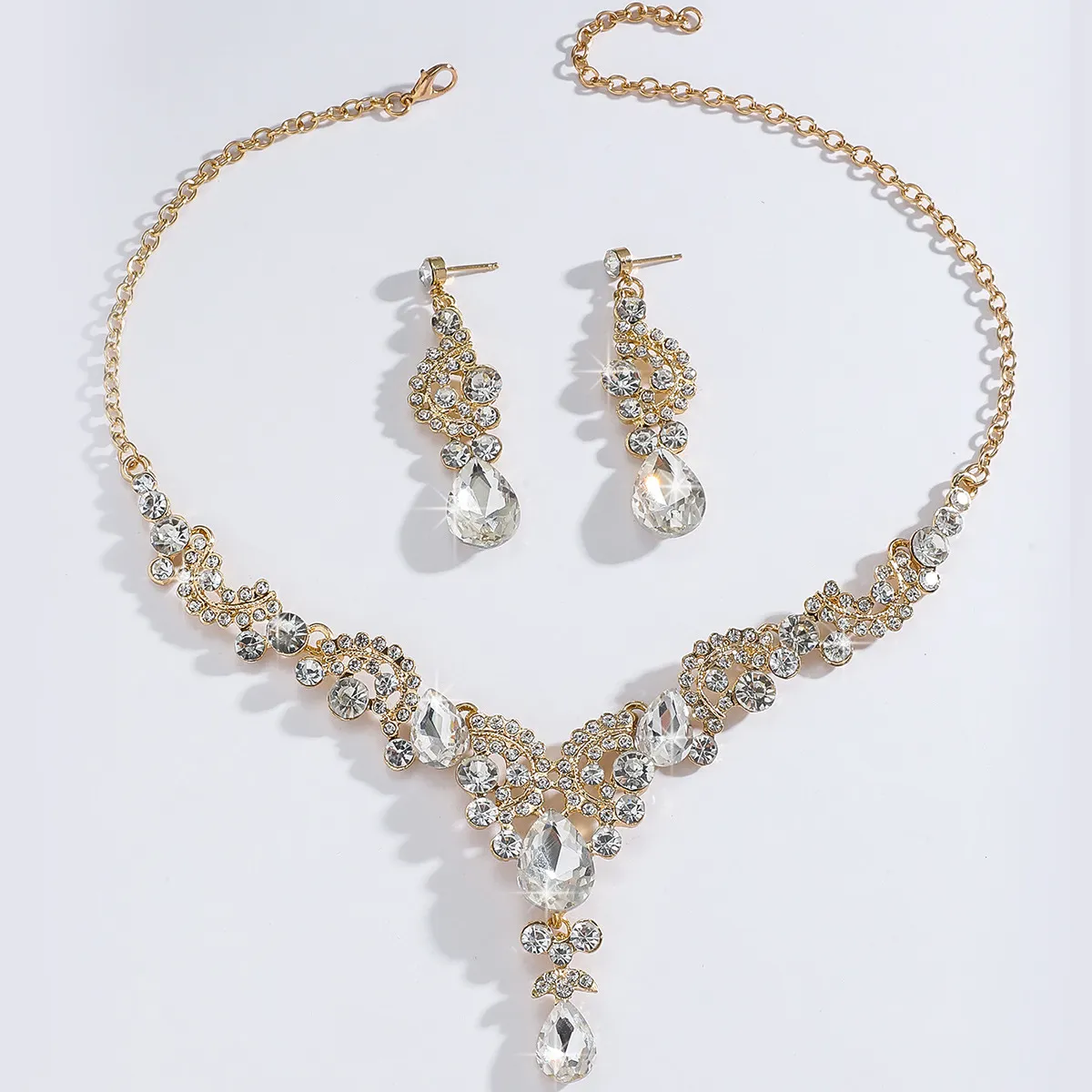 Women Fashion Elegant Rhinestone Necklace Earrings Set Three-Piece