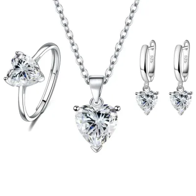 Women's Creative Love Zircon Heart-Shaped Earring Ring Pendant Necklace Three-Piece Set