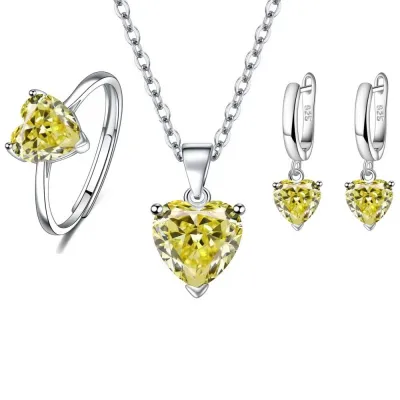Women's Creative Love Zircon Heart-Shaped Earring Ring Pendant Necklace Three-Piece Set