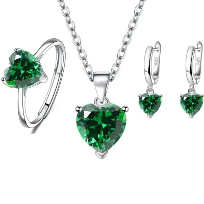Women's Creative Love Zircon Heart-Shaped Earring Ring Pendant Necklace Three-Piece Set