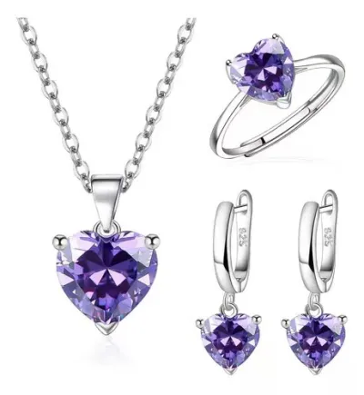 Women's Creative Love Zircon Heart-Shaped Earring Ring Pendant Necklace Three-Piece Set