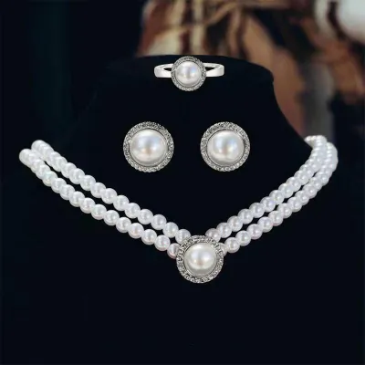 Women Fashion Elegant Double Layered Pearl Lavicle Necklace Earrings Ring Three-Piece Set