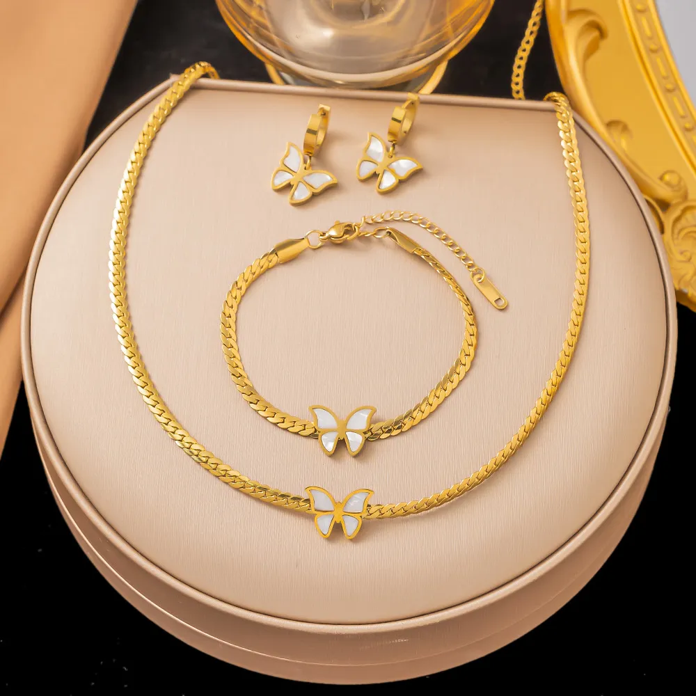 Women's Fashion Waterproof Butterfly Titanium Steel Jewelry Set - Necklace Bracelet Earrings