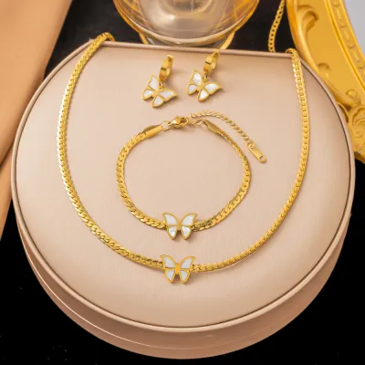 Women's Fashion Waterproof Butterfly Titanium Steel Jewelry Set - Necklace Bracelet Earrings