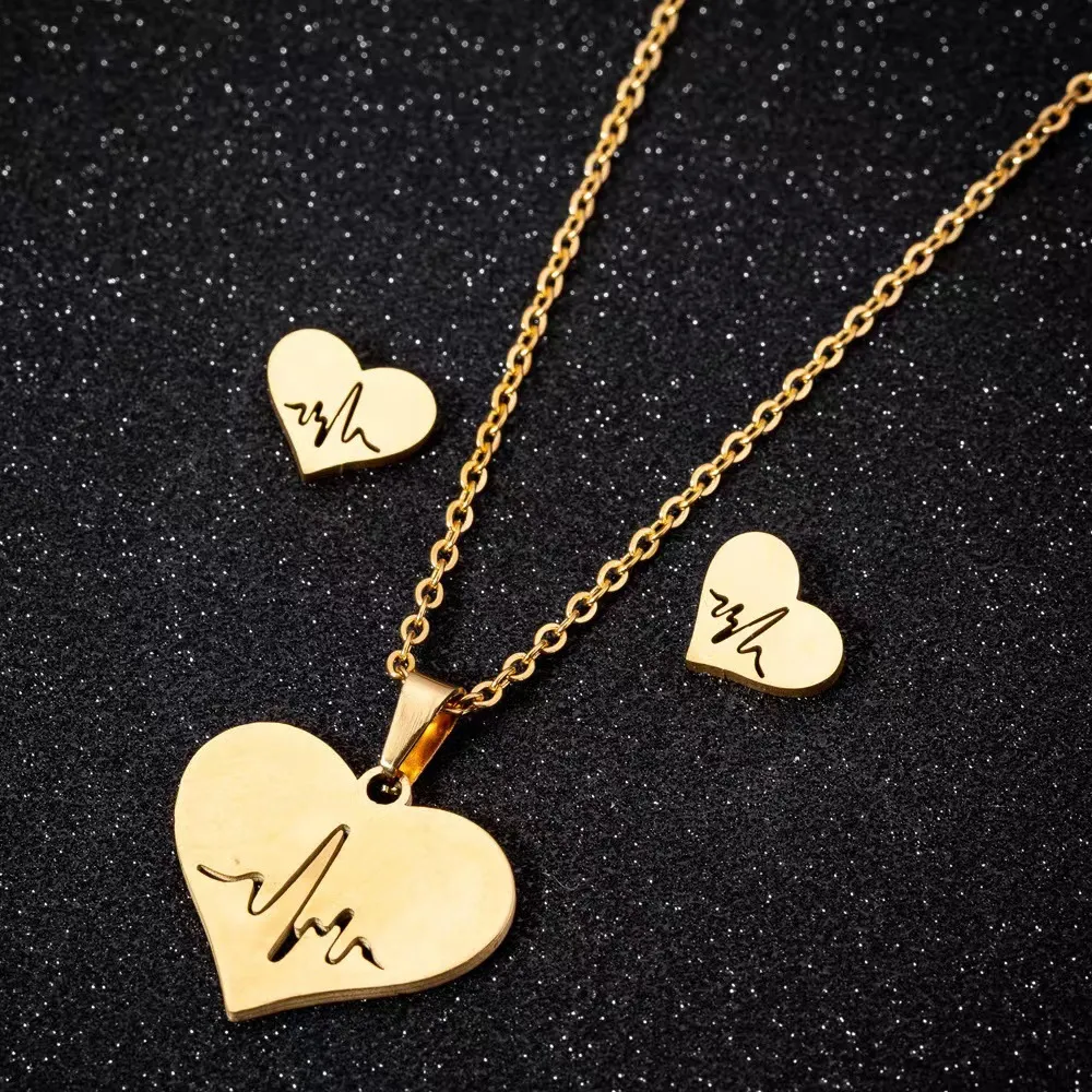 Women Fashion Love Heart Electrocardiogram Pendant Necklace Earrings Set
