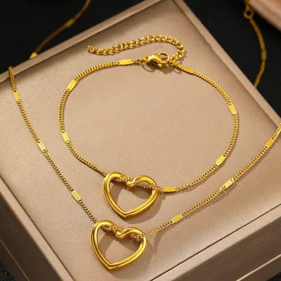 Women Fashion Stainless Steel Hollow Love Necklace Bracelet Set