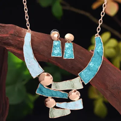 Women's Fashion Irregular Geometric Multicolor Painted Oil Earrings Necklace Set
