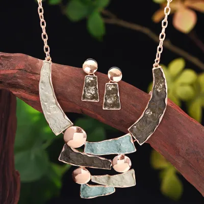 Women's Fashion Irregular Geometric Multicolor Painted Oil Earrings Necklace Set