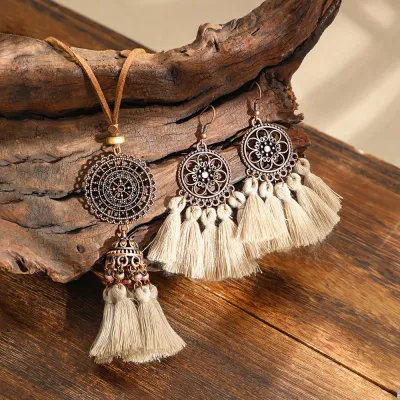Women Fashion Retro Boho Tassel Necklace Earrings Set