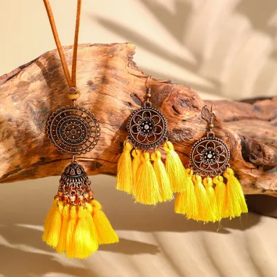 Women Fashion Retro Boho Tassel Necklace Earrings Set