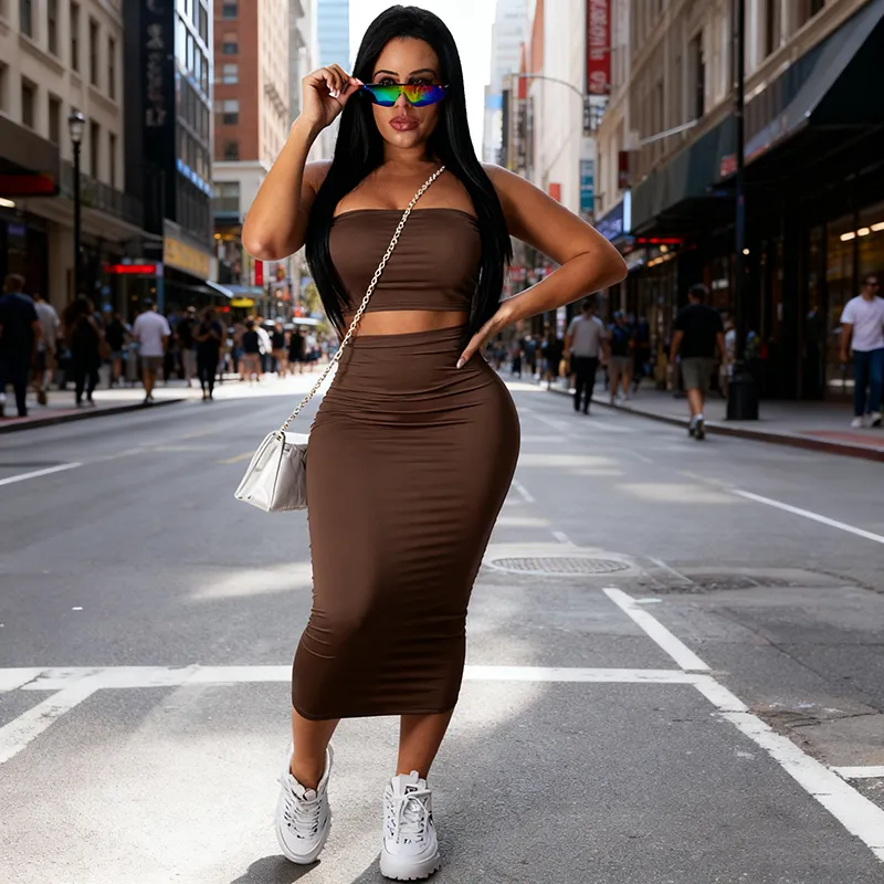 Women Sexy Solid Color Tube Top Slim-Fit Skirt Two-Piece Set