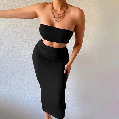 Women Sexy Solid Color Tube Top Slim-Fit Skirt Two-Piece Set
