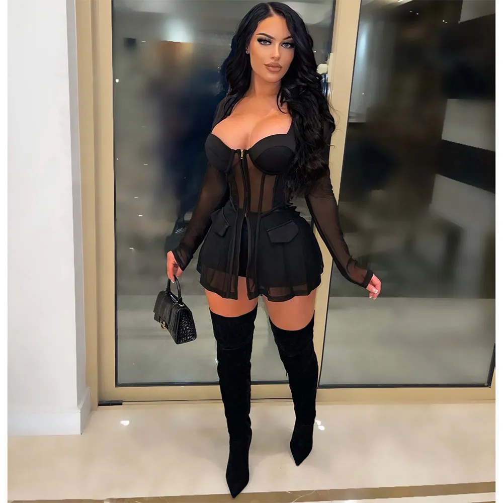 Women Fashion Sexy Perspective Lace Stitching Long-Sleeve Zipper Top Tight Shorts Two-Piece Set