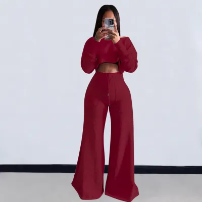 Women Casual Solid Color Long-Sleeve Crop Top Slim-Fit Pants Set