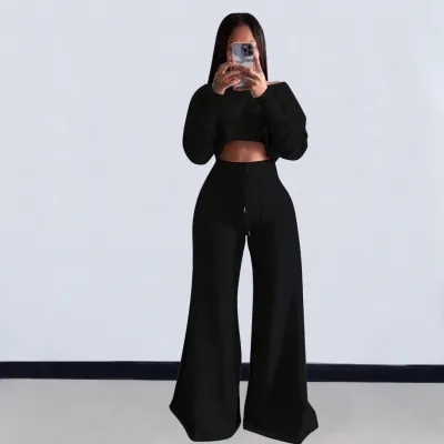 Women Casual Solid Color Long-Sleeve Crop Top Slim-Fit Pants Set