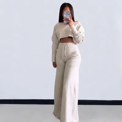 Women Casual Solid Color Long-Sleeve Crop Top Slim-Fit Pants Set