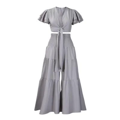 Women Fashion Sexy Solid Color Short-Sleeve Lace-Up Crop Top Wide-Leg Pants Two-Piece Set