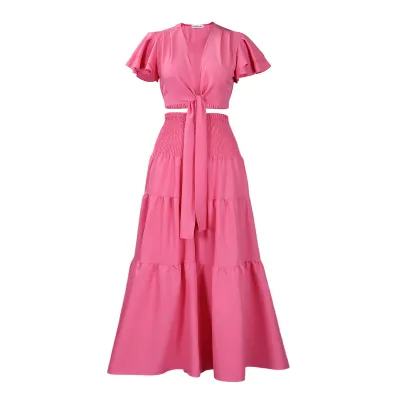 Women Fashion Sexy Solid Color Short-Sleeve Lace-Up Crop Top Wide-Leg Pants Two-Piece Set