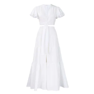 Women Fashion Sexy Solid Color Short-Sleeve Lace-Up Crop Top Wide-Leg Pants Two-Piece Set