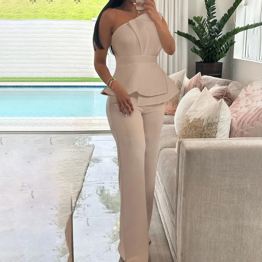 Women Fashion Sexy Solid Color Slanted Shoulder Top Slim Fit Pants 2-Piece Set