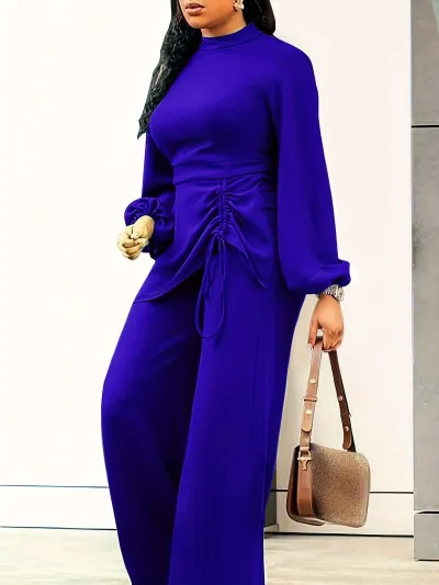 Women Fashion Casual Solid Color Plus Size Pleated Long Sleeve Loose Jumpsuit