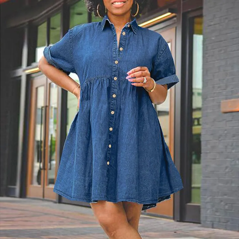 Women Plus Size Casual Lapel Short Sleeve Tutu Denim Dress