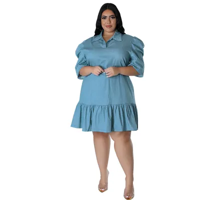 Women Casual Plus Size Lapel Short Sleeve Pleated Denim Dress