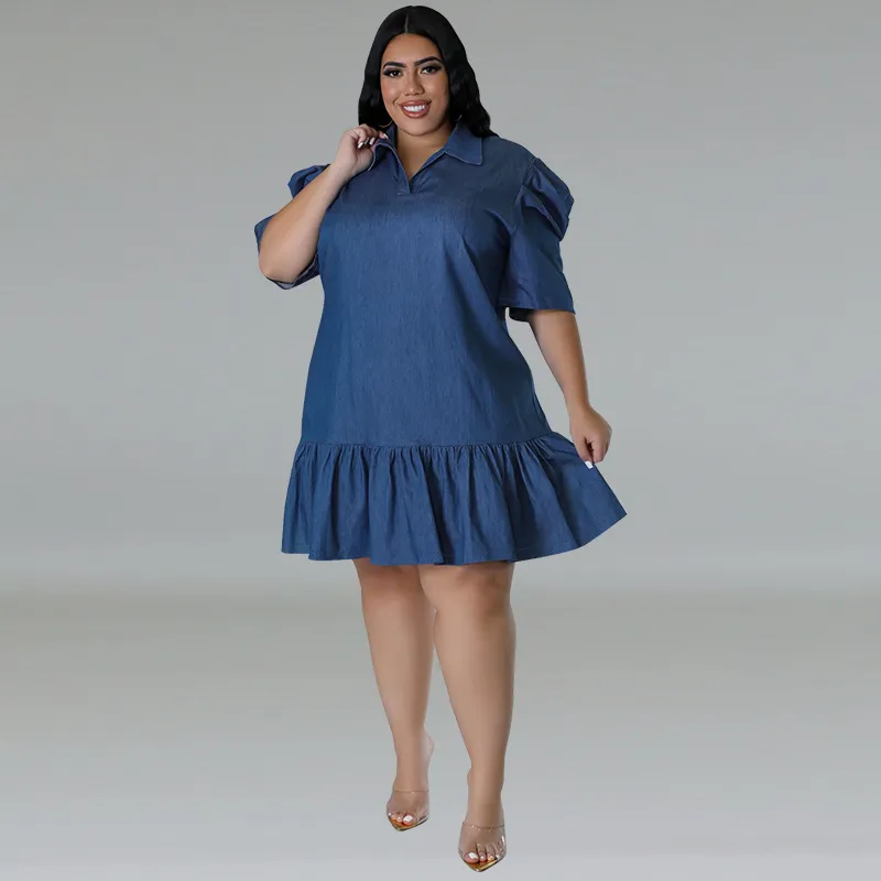Women Casual Plus Size Lapel Short Sleeve Pleated Denim Dress