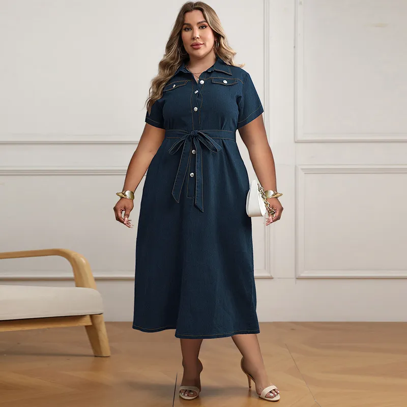 Women Casual Plus Size Lapel Lace-Up Loose Denim Dress