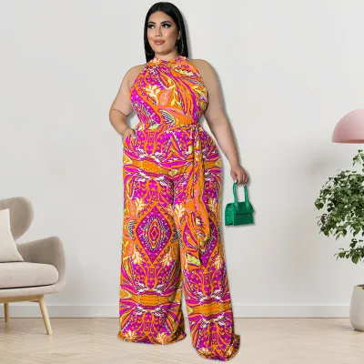 Women Casual Plus Size Floral Printed Sleeveless Loose Lace-Up Jumpsuit