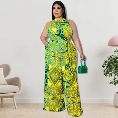 Women Casual Plus Size Floral Printed Sleeveless Loose Lace-Up Jumpsuit