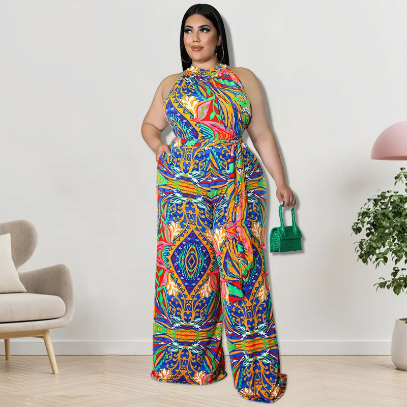 Women Casual Plus Size Floral Printed Sleeveless Loose Lace-Up Jumpsuit