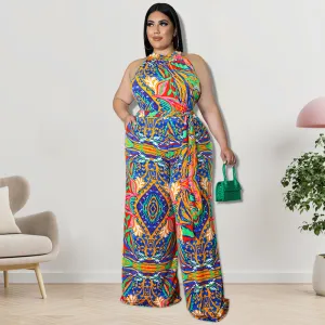 Women Casual Plus Size Floral Printed Sleeveless Loose Lace-Up Jumpsuit