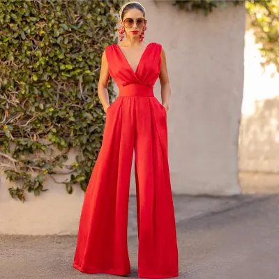 Women Fashion Sexy Solid Color V-Neck Sleeveless High Waist Wide Leg Jumpsuit