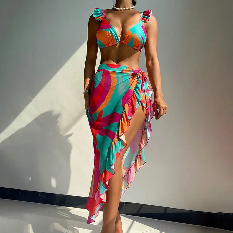 Women Sexy Multicolor Print Swimsuit Three-Piece Set