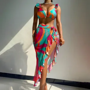 Women Sexy Multicolor Print Swimsuit Three-Piece Set