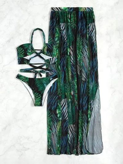Women Fashion Print Bikini Blouse Three-Piece Set