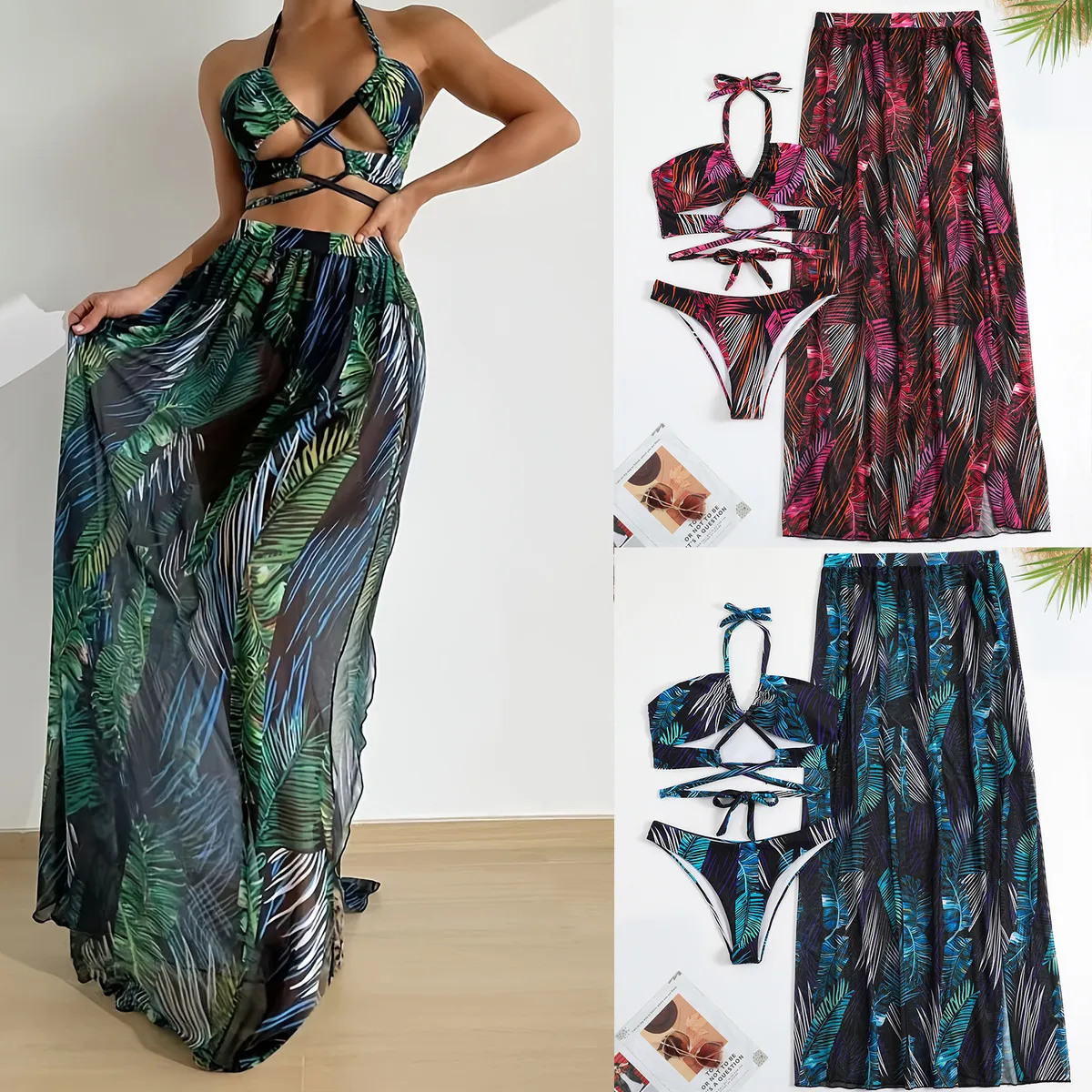 Women Fashion Print Bikini Blouse Three-Piece Set