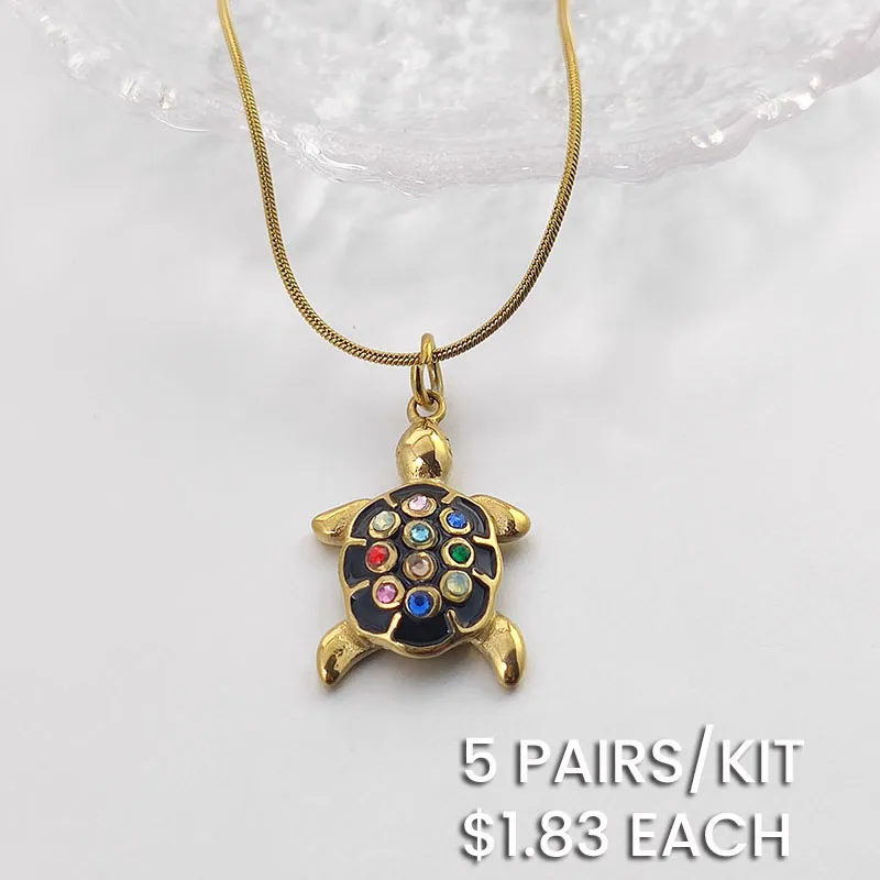 Fashion Enameled Stainless Steel Turtle Pendant Multicolor Rhinestone Necklace